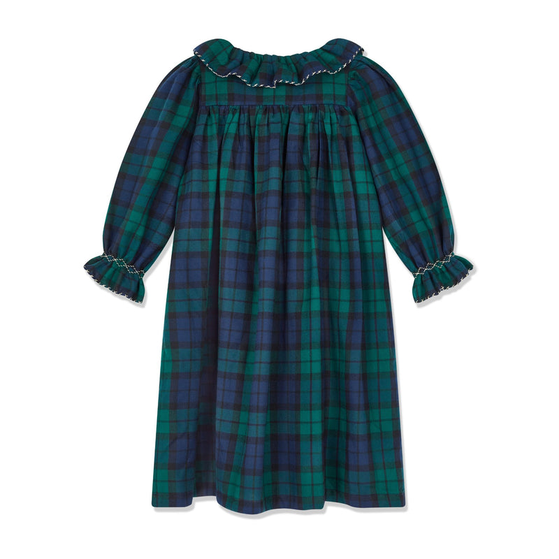 Nightingale Girls Dress Black Watch Tartan With Golden Hearts Hand Smocking