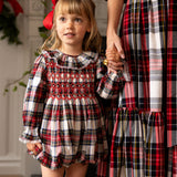 Jane Austen Romper Stewart Tartan with Sleigh Bell Hand Smocking