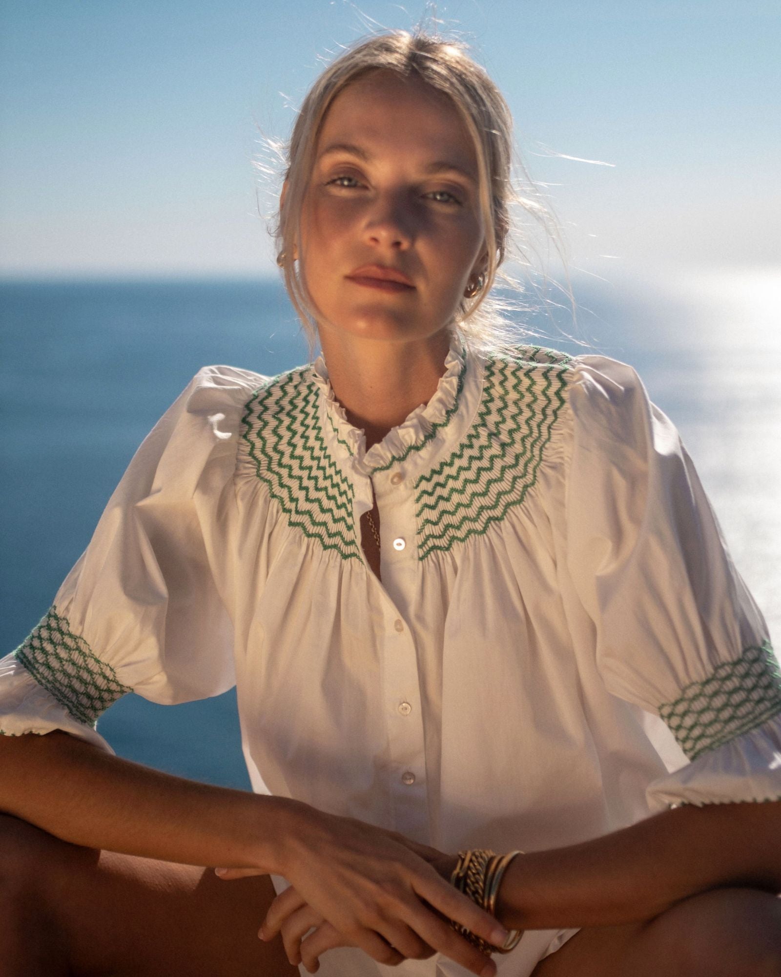 Scholl Women's Summer Blouse White with Green Apple Hand Smocking