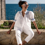 Scholl Women's Summer Blouse White with Sapphire Hand Smocking