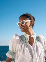 Scholl Women's Summer Blouse White with Green Apple Hand Smocking