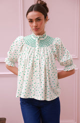 Scholl Blouse Frog Polka cotton with Jade Hand Smocking Edition 59