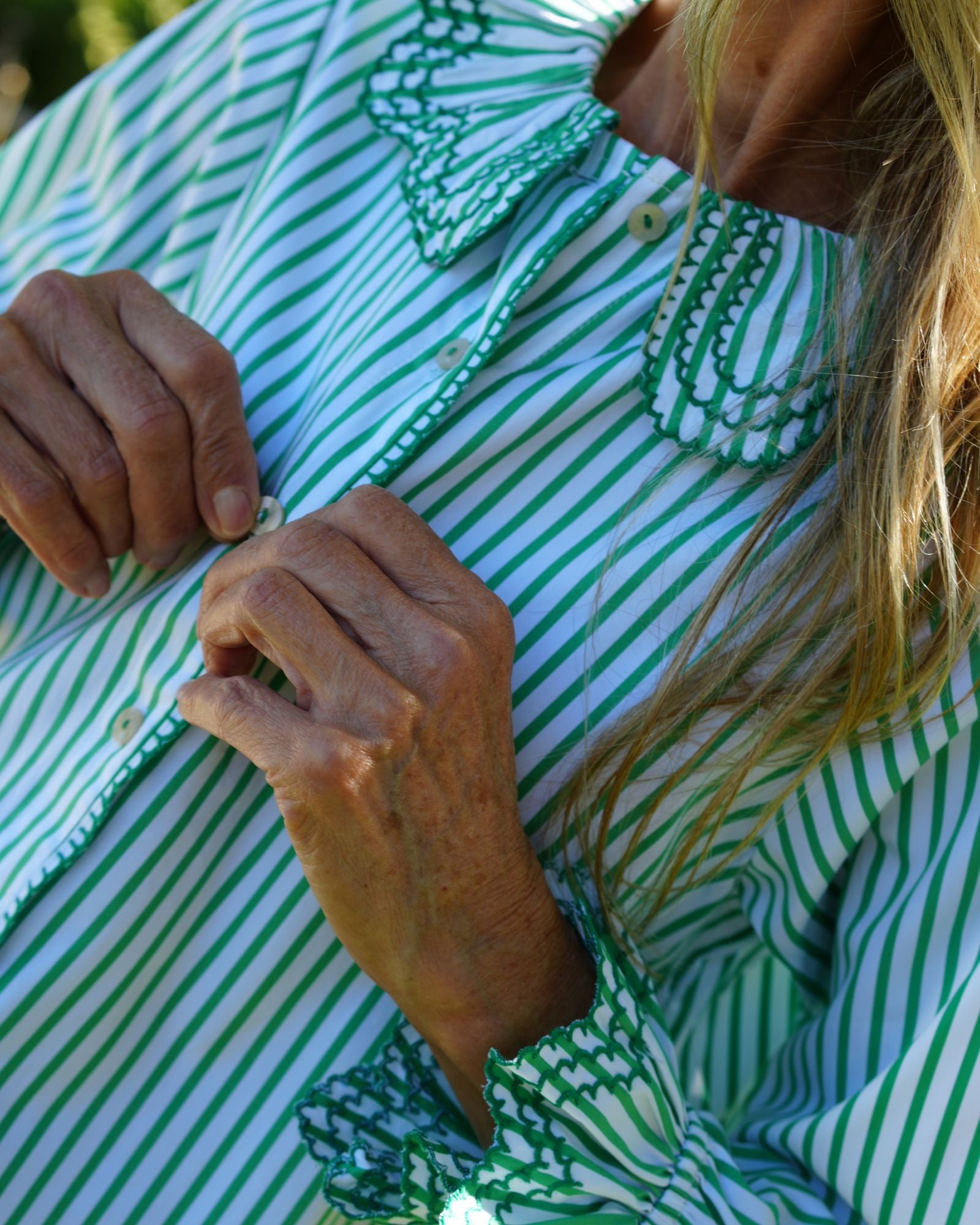 Bronte Blouse Mow the Lawn Stripe with Grass Embroidery