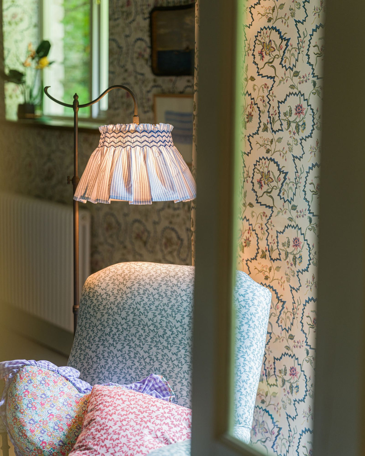 Edit58 x Smock London Elsie Lampshade Spotted Blue Stripe with Sapphire Hand Smocking