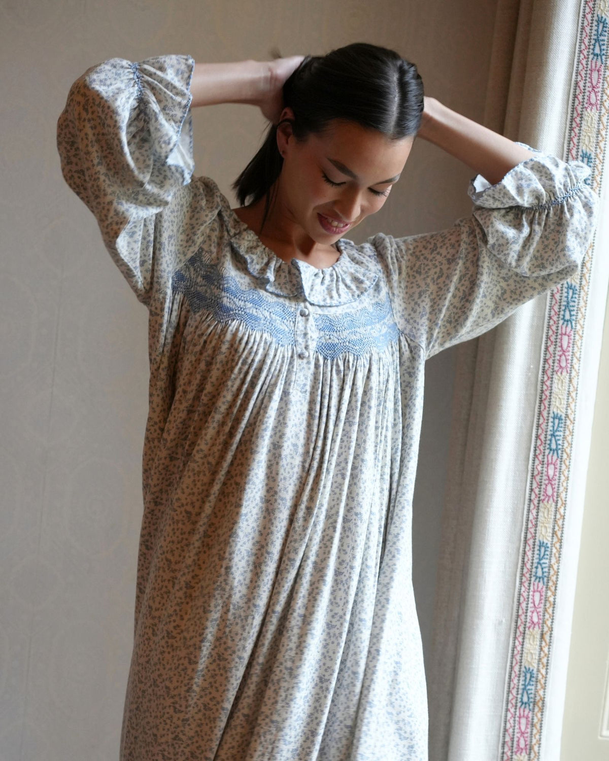 Women's Nightingale Dress Cornflower Ditsy with Bluebell Hand Smocking