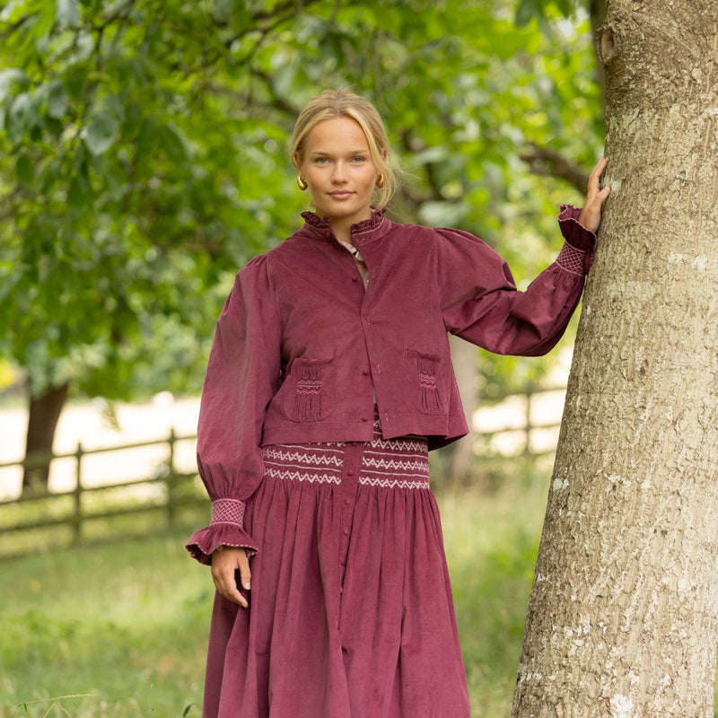 Bobbi Gibb Jacket Mulberry Needlecord with Blackberry Crumble Hand Smocking