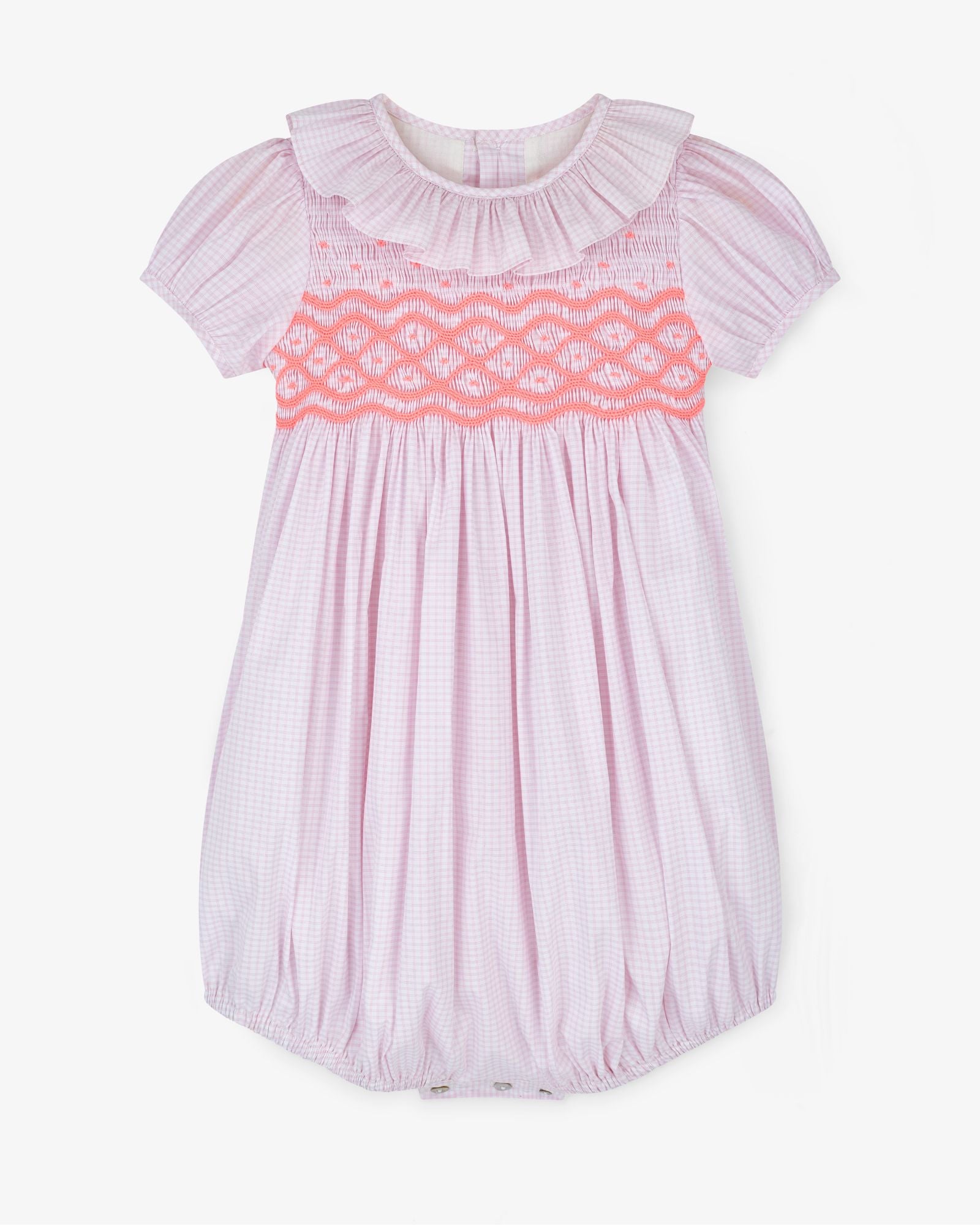 Jane Austen Romper Pink Grid cotton with Strawberrylicious Hand Smocking