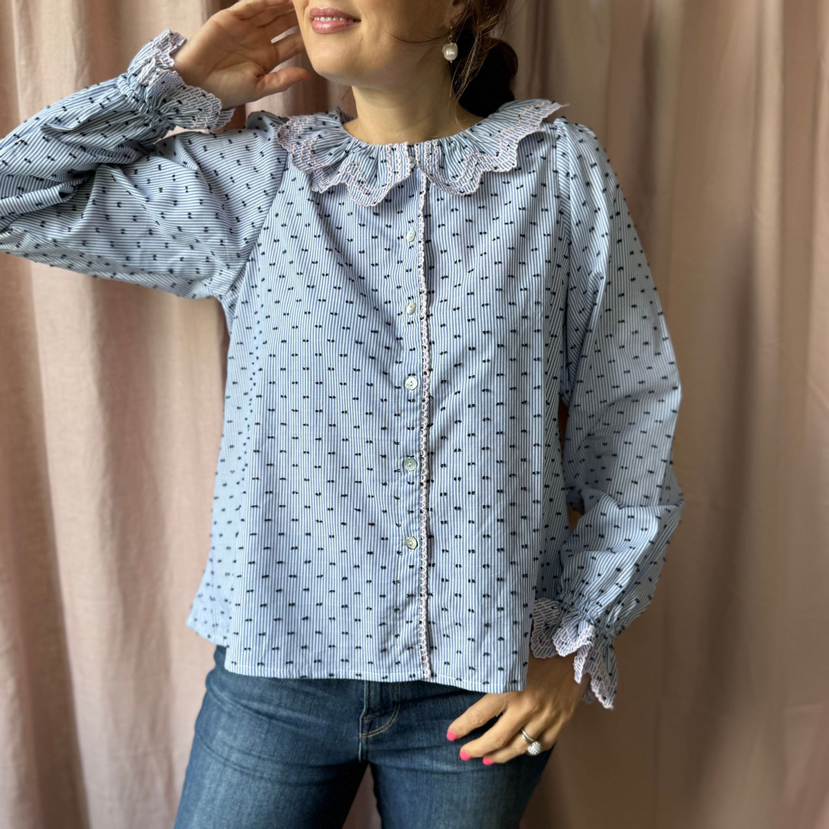 Small Bronte Blouse Indigo Plumetti with Ballet Slipper Embroidery