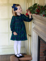 Margaret Thatcher Dress Black Watch Tartan with Golden Glimmer Hand Smocking