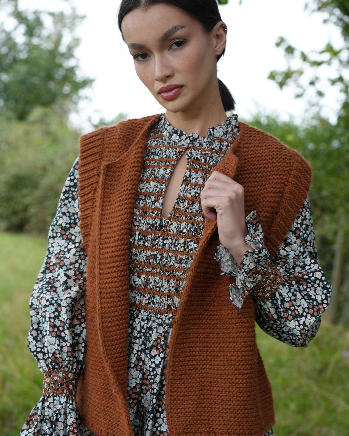 Emmeline Pankhurst Women's Dress Autumn Floral with Conker Hand Smocking