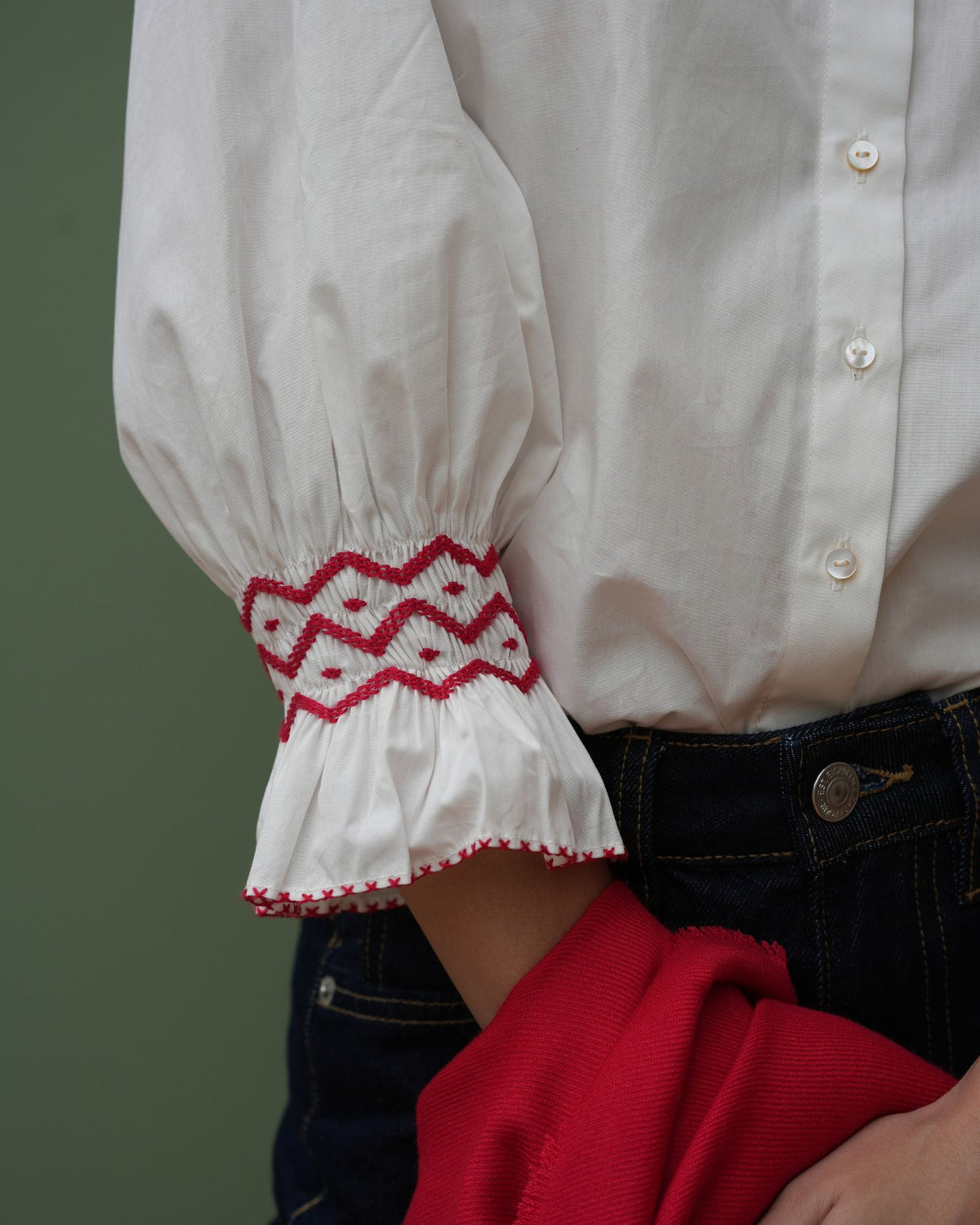 Shelley Blouse White Cotton with Pillar Box Red Hand Smocking
