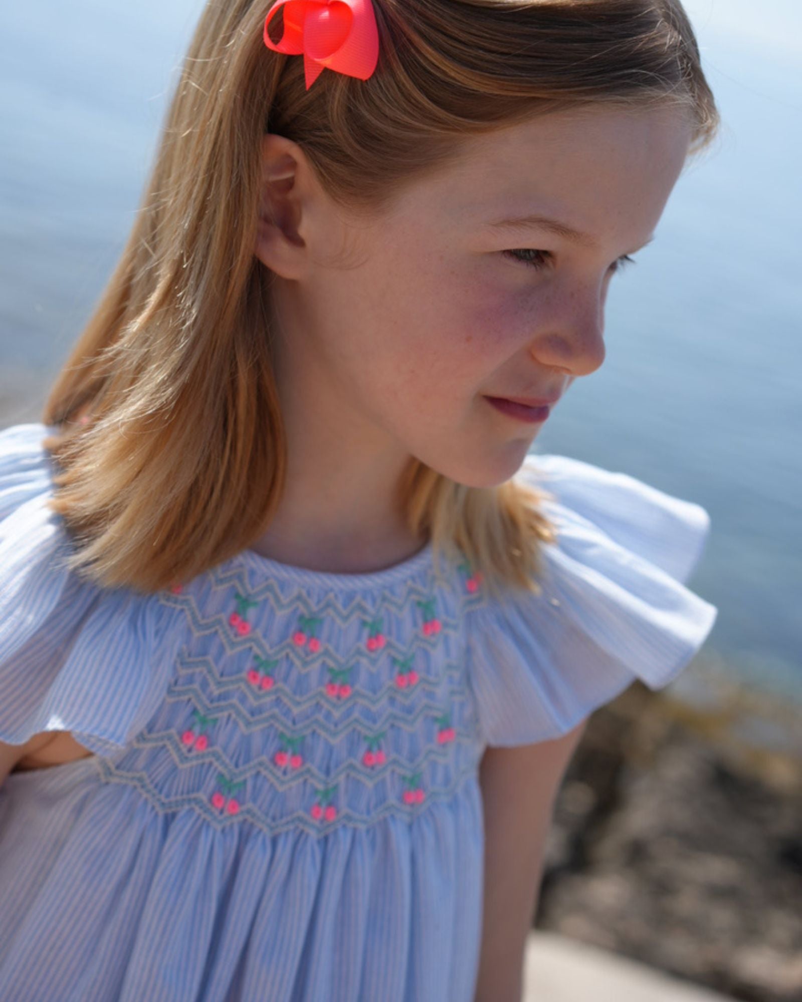 Indira Gandhi Flutter Dress Baby Blue Seersucker with Cherries Hand Smocking