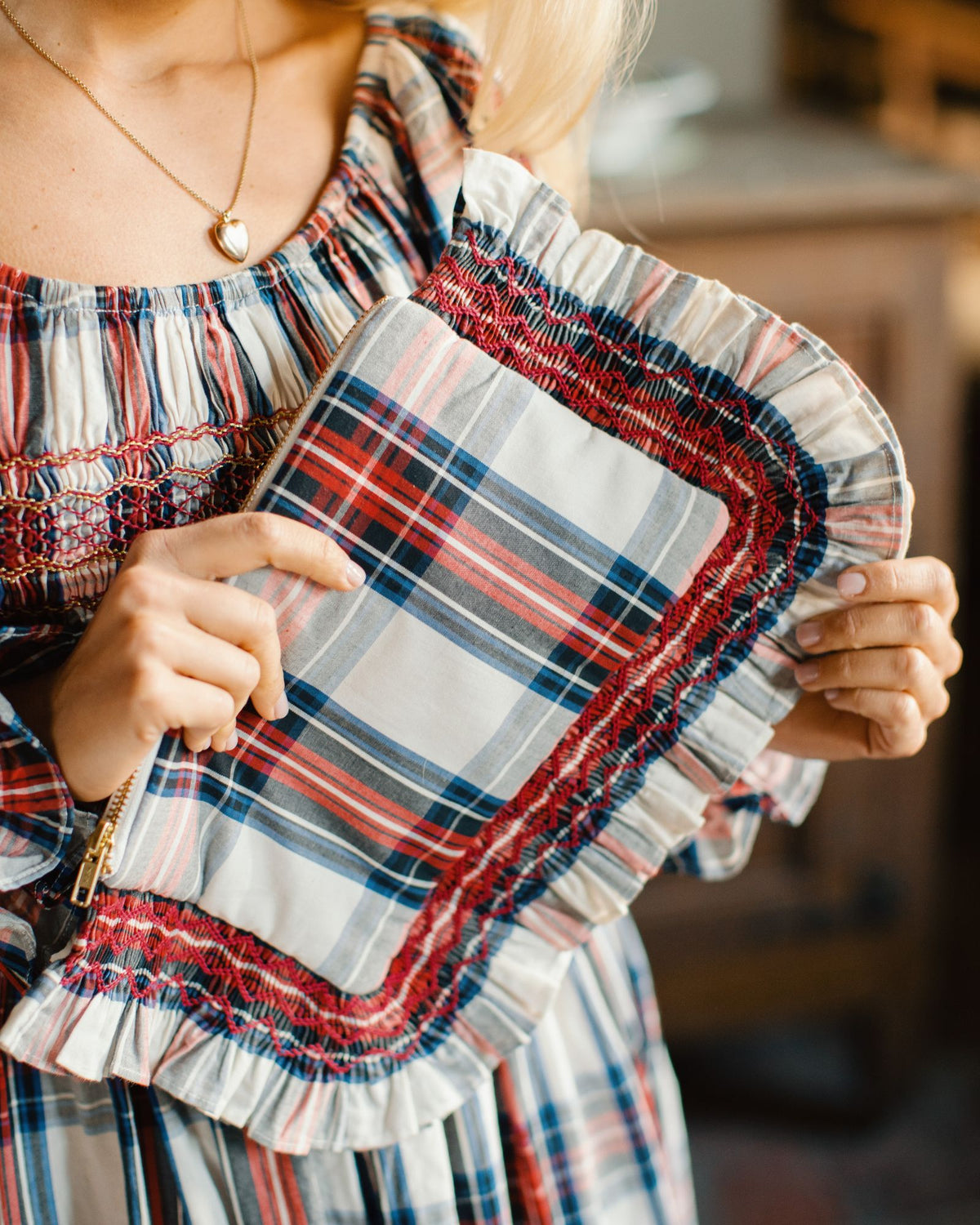 The Dolly Clutch Britannia Check with Winter Berry Hand Smocking