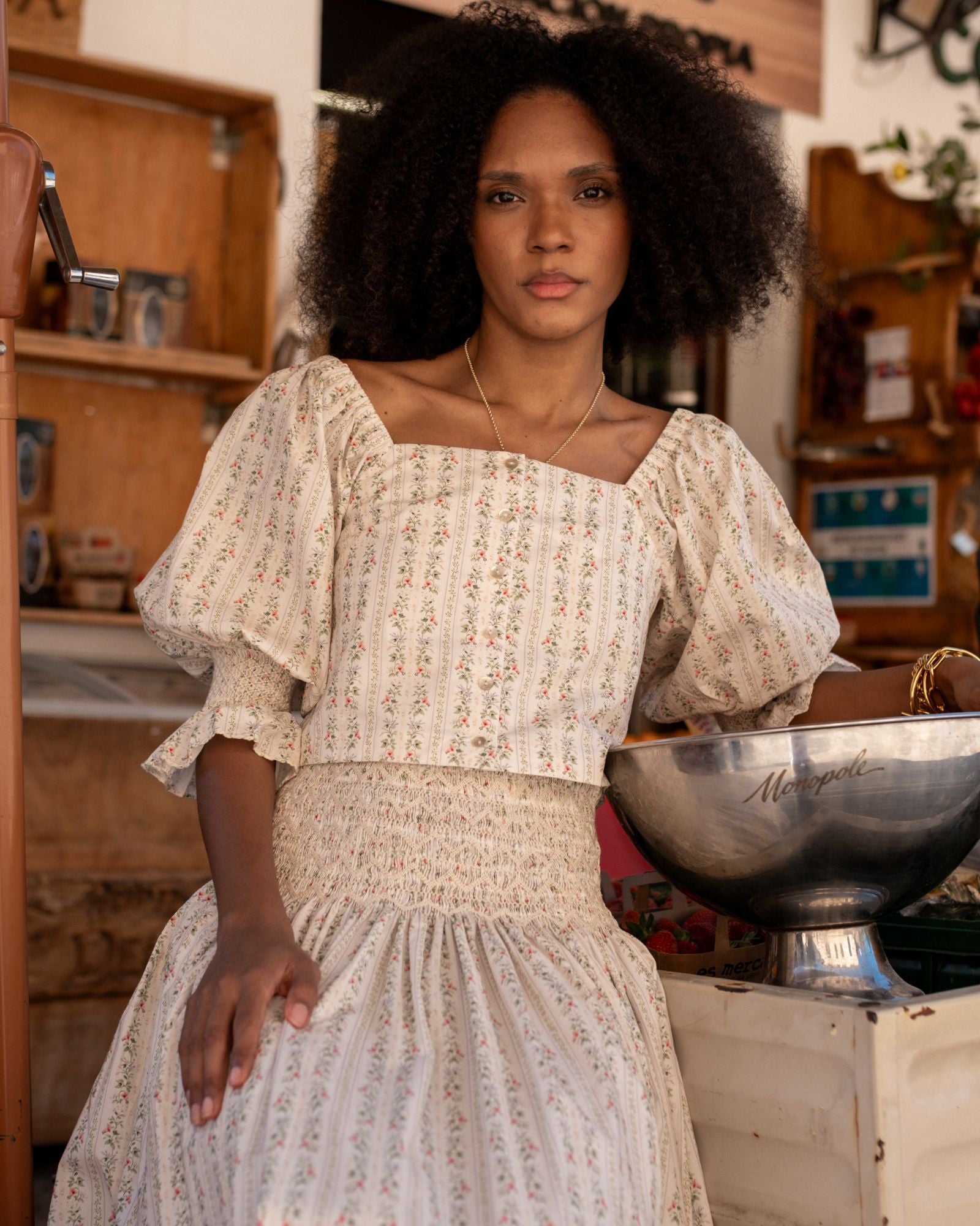Sappho Blouse A Secret Garden Trellis with Cream Hand Smocking