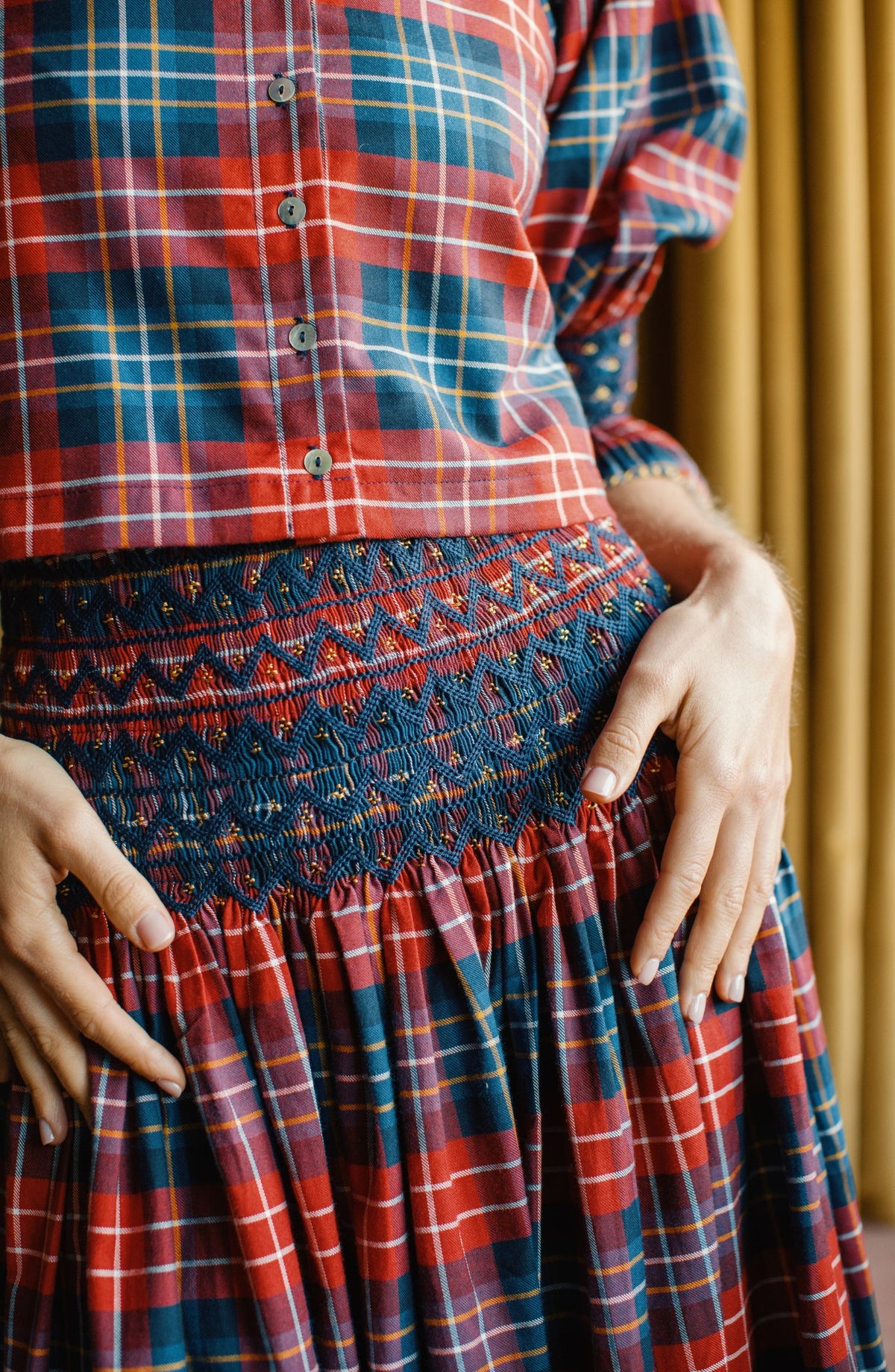Sullivan Skirt Wallace Tartan with Midnight Sparkle Hand Smocking
