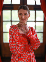 Josefine Butler Dress Christmas Marigold with Scarlet and Spice Hand Smocking