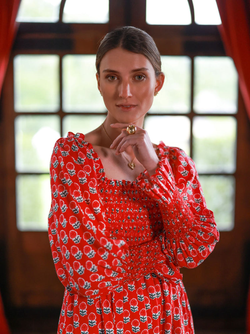 Josefine Butler Dress Christmas Marigold with Scarlet and Spice Hand Smocking