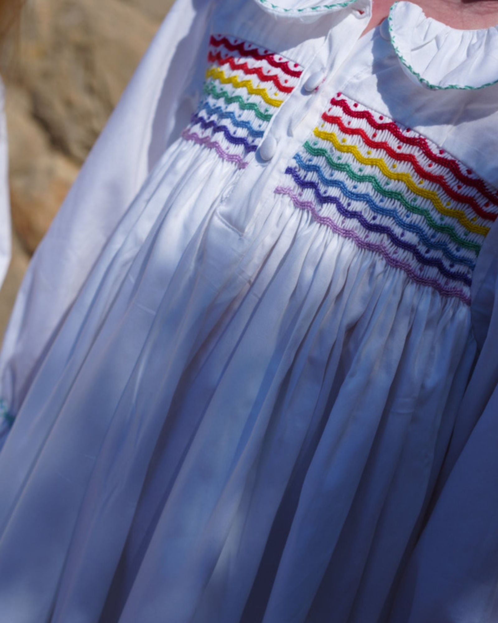 Nightingale Girl's Dress Moonstone Cotton with Rainbow Hand Smocking