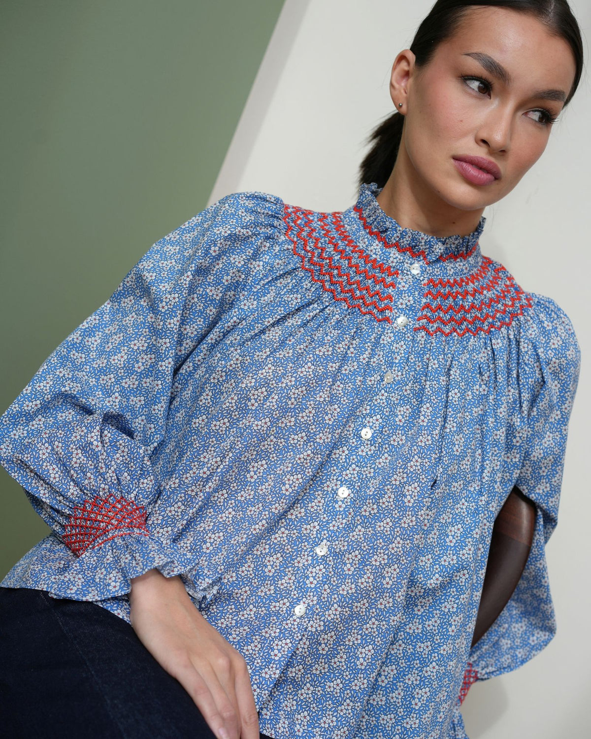 Scholl Blouse Royal Blue Daisy Cotton Lawn with Poppy Hand Smocking Edition 77