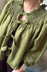 Cleopatra Jacket Woodland Spot Organdie with Hunter Green Hand Smocking Edition 3