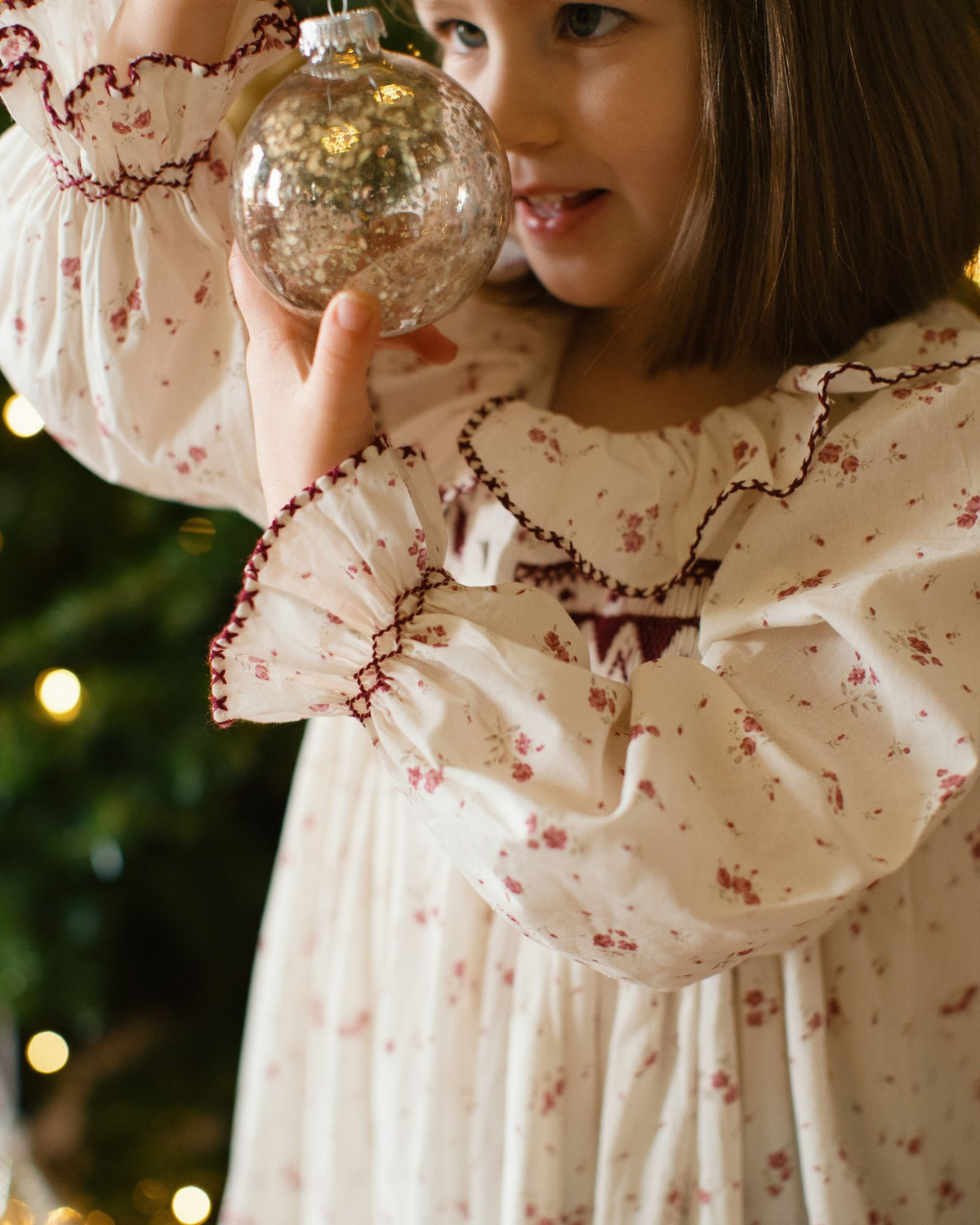 Nightingale Girl's Dress Yuletide Floral with Cranberry Hand Smocking