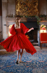 Ella Fitzgerald Women's Dress Crimson Silk-Cotton with Sleigh Bell Hand Smocking