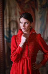 Victoria Woodhull Women's Dress Crimson Needlecord with Gold Coin Hand Smocking