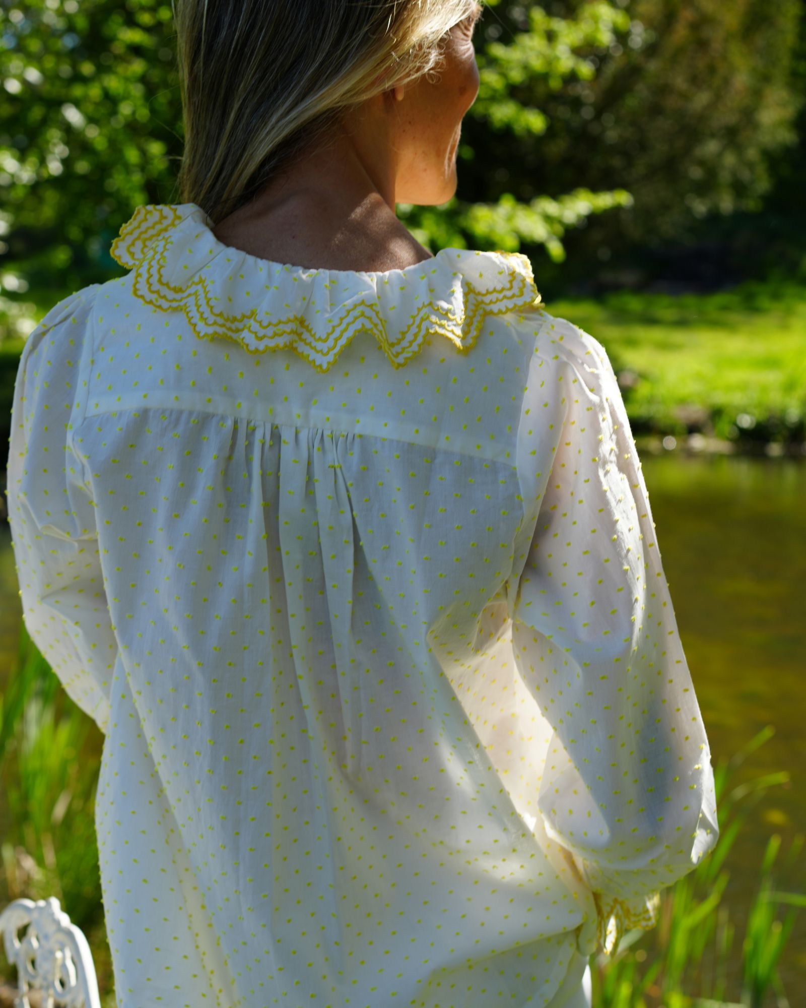 Bronte Blouse Primrose Plumetti with Daffodil Embroidery