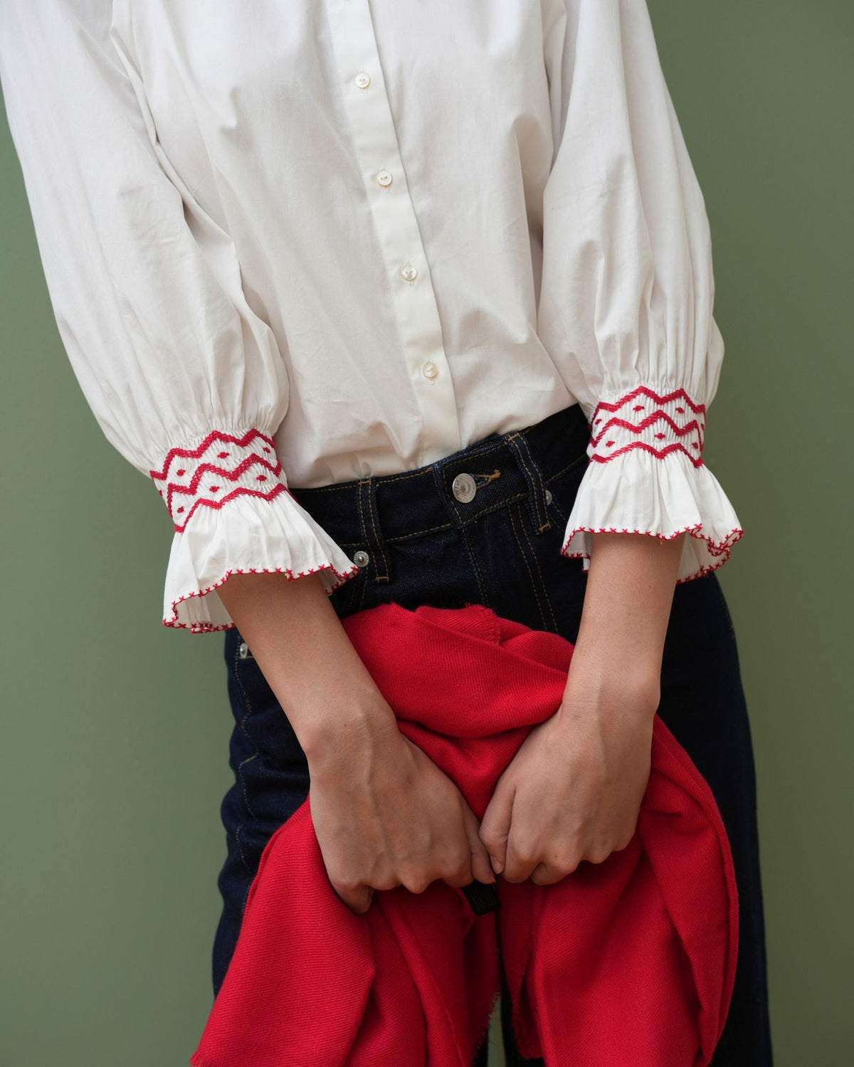 Shelley Blouse White Cotton with Pillar Box Red Hand Smocking