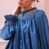 Cleopatra Blouse Cobalt Silk Cotton Sapphire with Vanilla Hand Smocking Edition 33