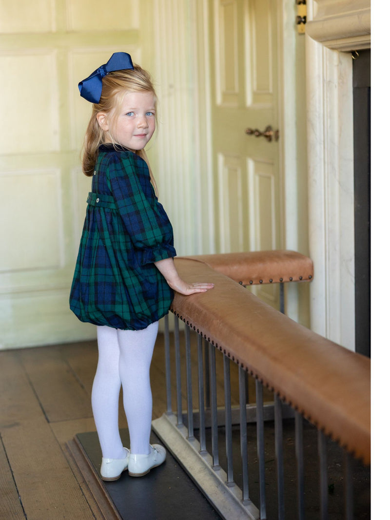 Margaret Thatcher Romper Black Watch Tartan with Golden Glimmer Hand Smocking