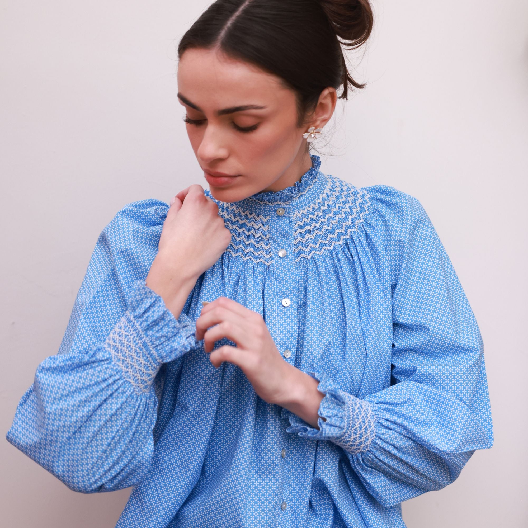 Pom x Smock London Scholl Blouse Paperwhite Ditsy with Snowdrop Hand Smocking Edition 61