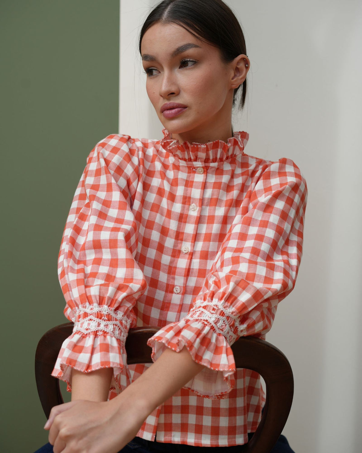 Shelley Blouse Tomato Check with Sail Boat Hand Smocking Edition 27