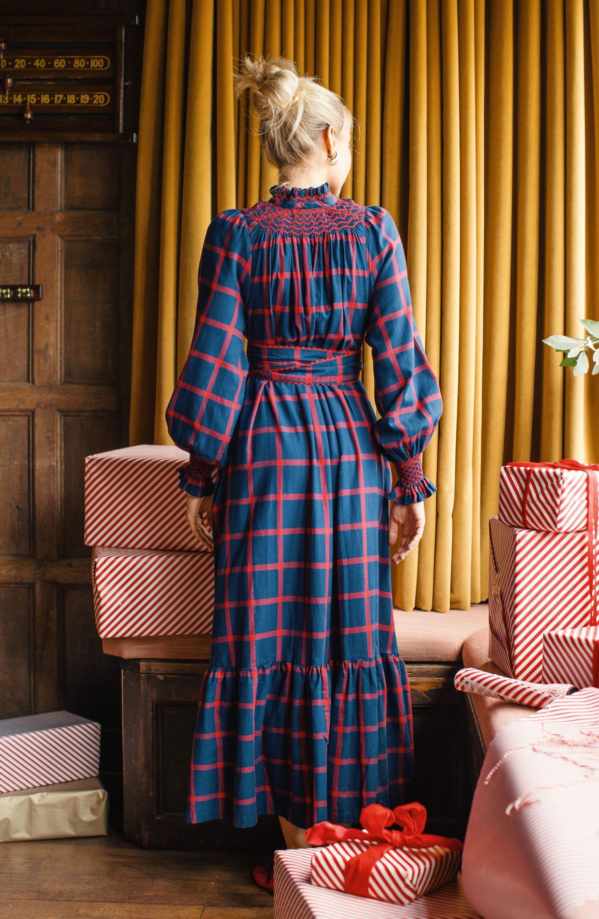 Colette Dress Chelsea Check with Crimson Hand Smocking
