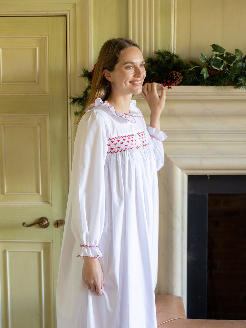 Nightingale Women's Dress Moonstone with Red Hearts Hand Smocking