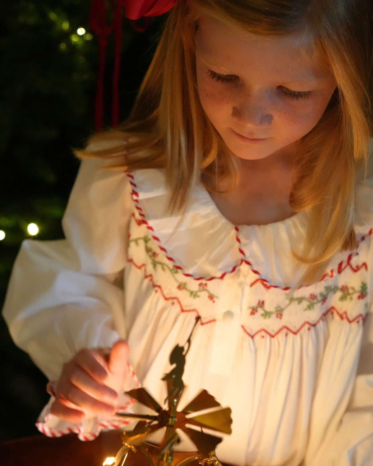 Nightingale Girl's Dress with Candy Cane Piping and Christmas Garland Hand Smocking