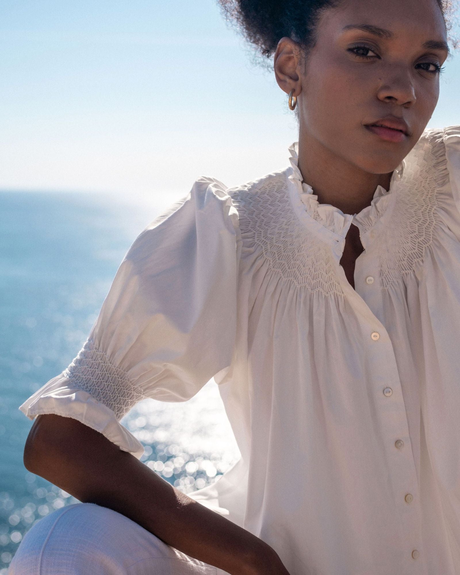 Scholl Women's Summer Blouse White with Ivory Hand Smocking Edition 9