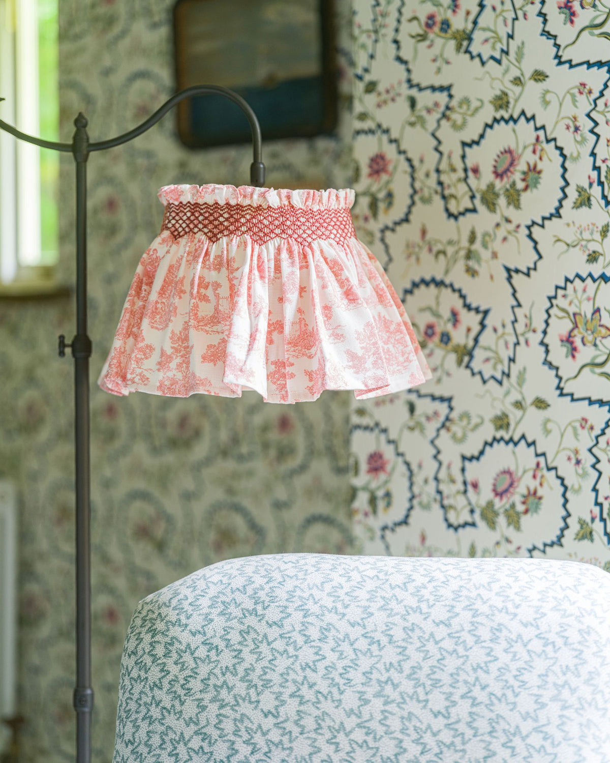 Edit58 x Smock London Elsie Lampshade Terracotta Toile with Cassis Hand Smocking
