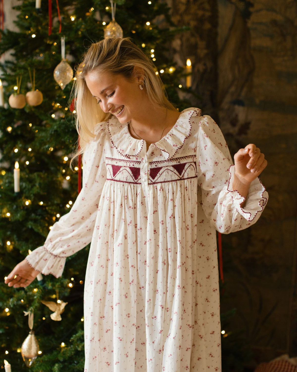 Nightingale Women's Dress Yuletide Floral with Cranberry smocking