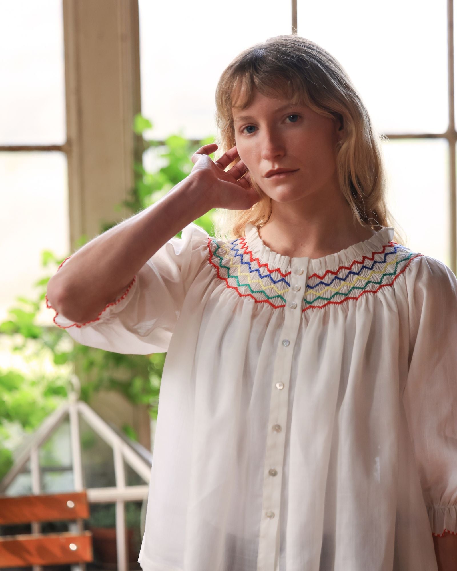 Cleopatra Blouse White Weave with Primary Colour Hand Smocking Edition 50