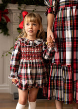 Jane Austen Romper Stewart Tartan with Sleigh Bell Hand Smocking