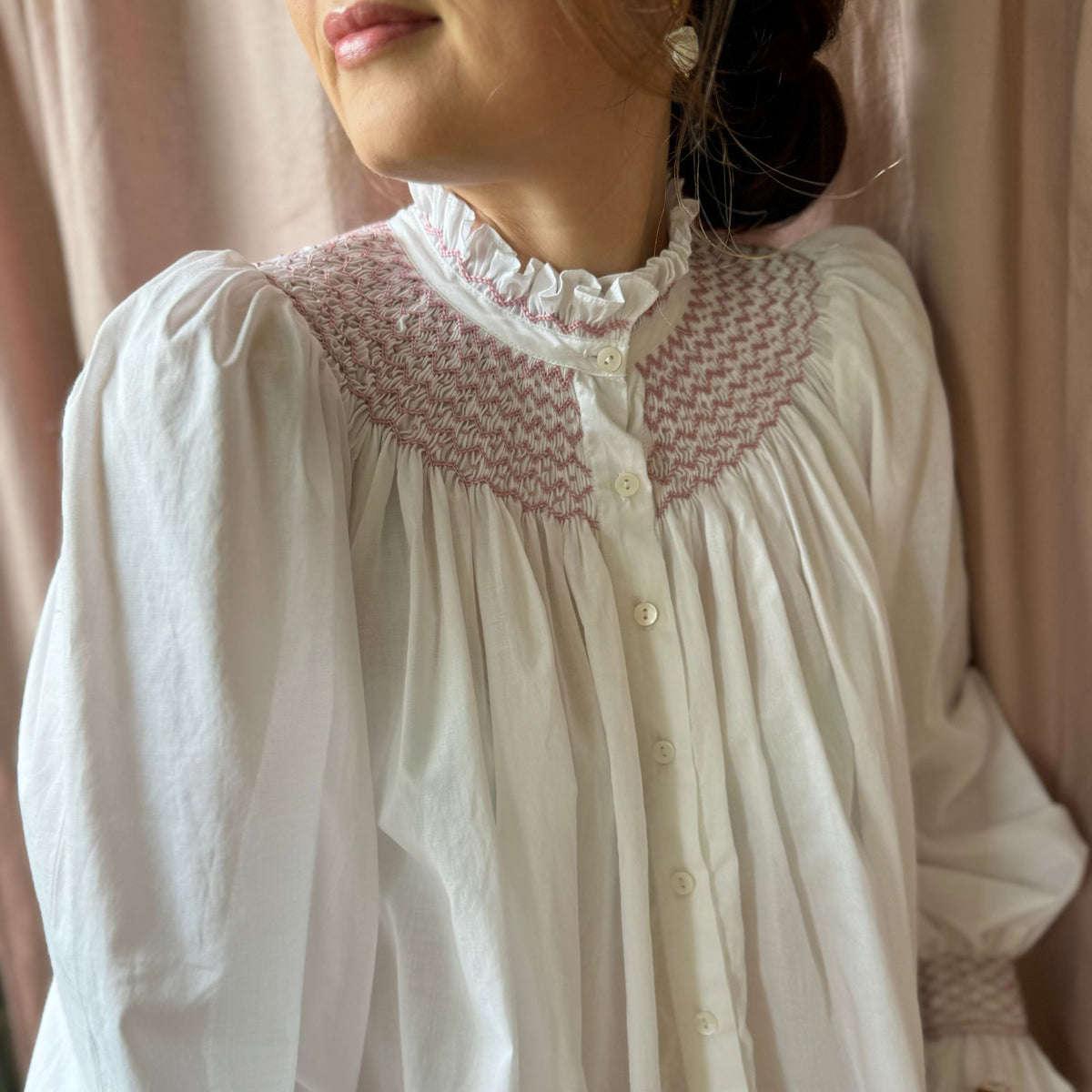 Small Scholl Women's Blouse White with Kir Royale Hand Smocking
