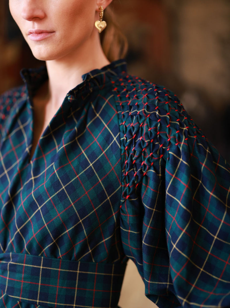 Aloha Wanderwell Dress McLaren Tartan with Cranberry Hand Smocking