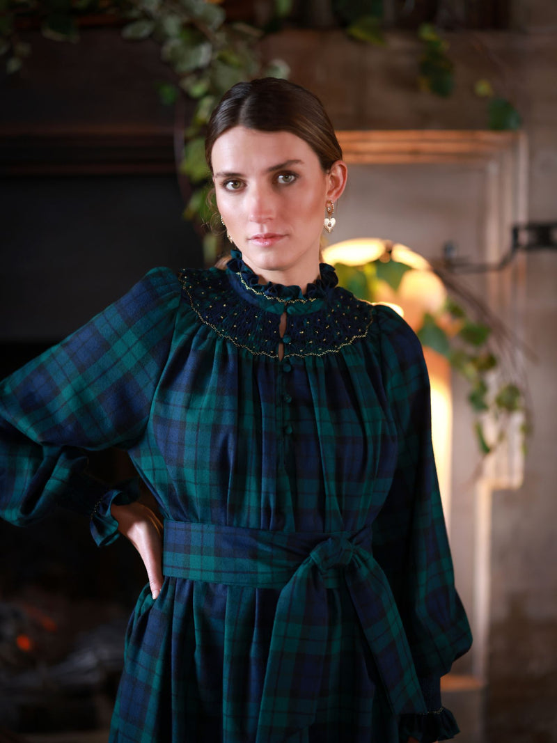 Colette Women's Dress Black Watch Tartan with Royal Blue Hand Smocking