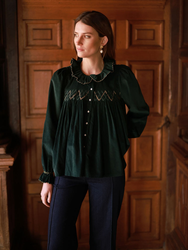 Betsy Fry Blouse Pine Tree Needlecord with Nordic Sparkle Hand Smocking