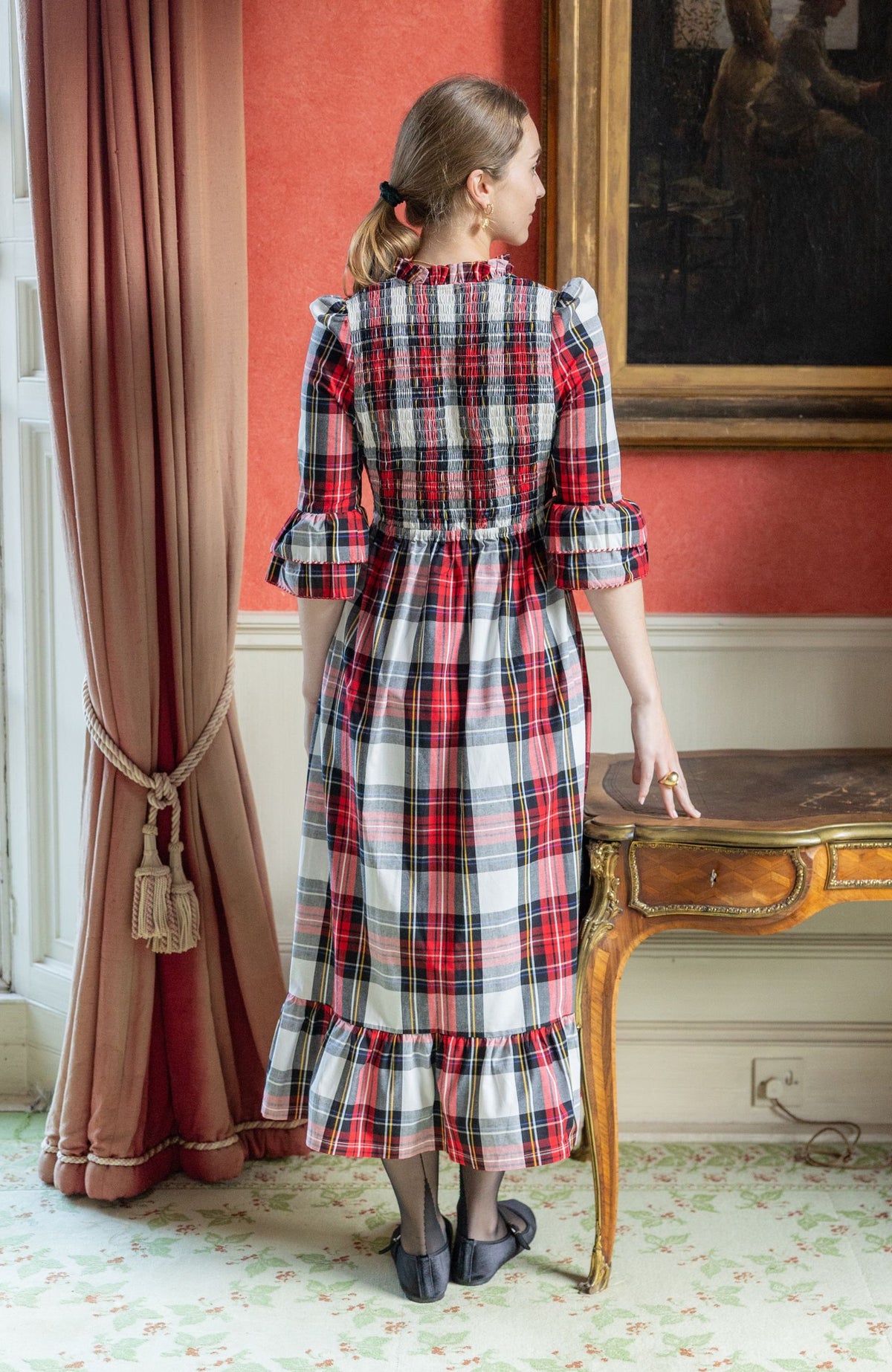 S/M Emmeline Pankhurst Women's Dress Royal Tartan with Sleigh Bell Hand Smocking