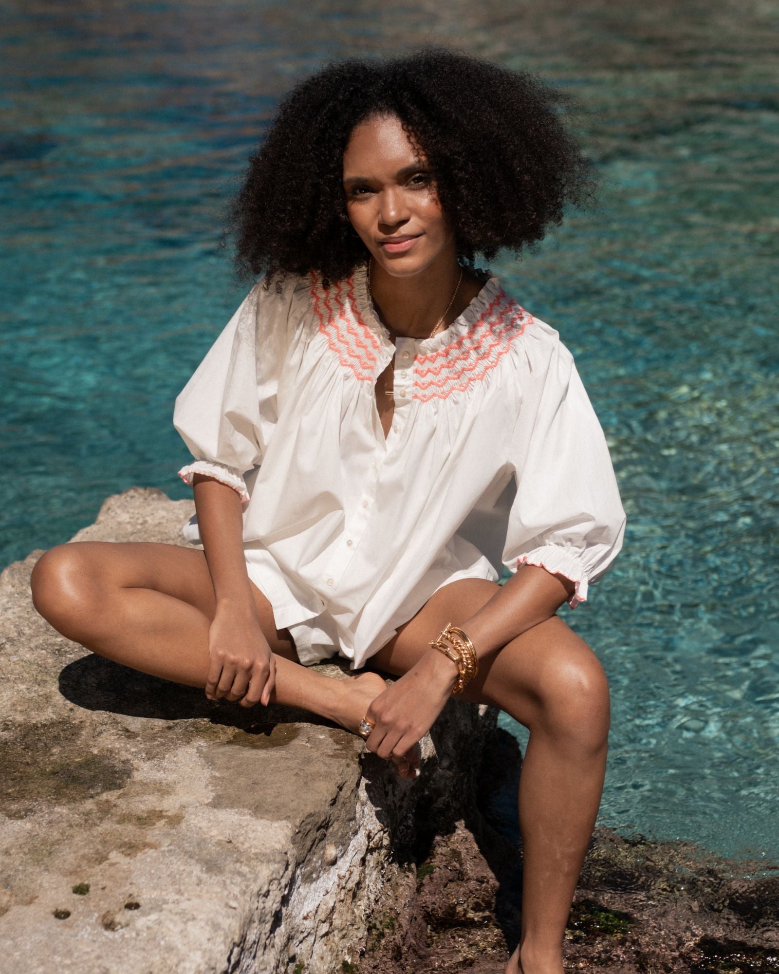 Cleopatra Blouse White with Neon Watermelon Hand Smocking