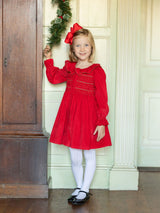 Elizabeth Blackwell Dress Crimson Needlecord with Gold Coin Hand Smocking