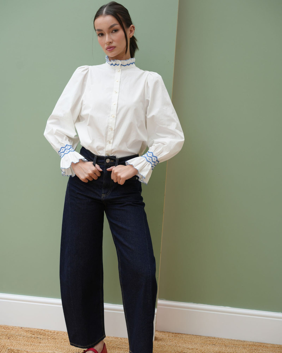 Shelley Blouse White Cotton with Sapphire Hand Smocking