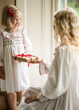2-3y Samantha Varvel x Smock London Nightingale Girls Dress Moonstone White with Candy Cane Trim and Holly Hand Smocking